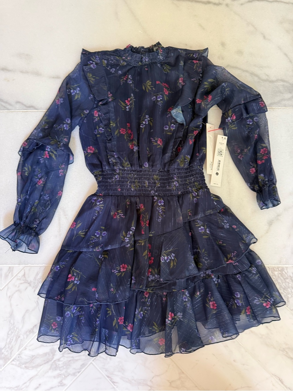 Aqua Girls' Navy Floral Ruffle Tiered Dress